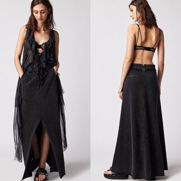 Free People FP ONE Kona Mid Rise High Slit Maxi Skirt in Black Size Small - Picture 1 of 13